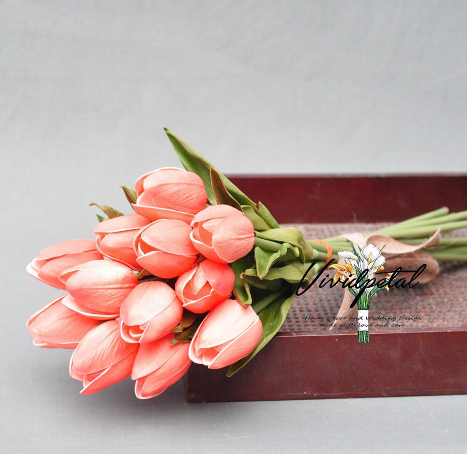 Royal Coral Color Tulip Real Touch Tulip Bouquet Small Coral Etsy