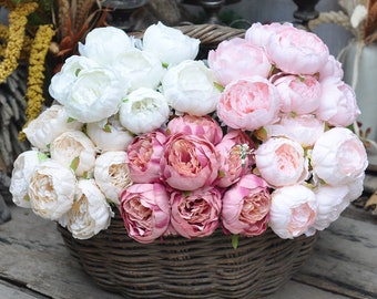 Peonie di seta, peonie bianche, bouquet di peonie da damigella d'onore rosa baby, fiori da sposa bianchi, fiori di seta, non vero tocco