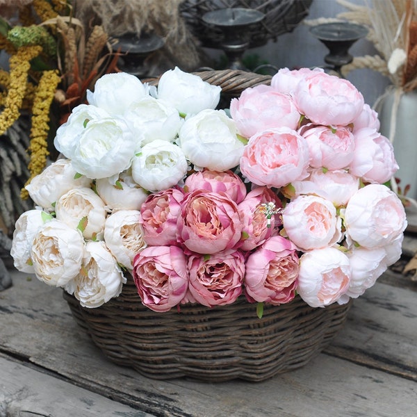 Pivoines en soie, pivoines blanches, bouquets de pivoines de demoiselle d'honneur roses bébé, fleurs de mariage blanches, fleurs en soie, pas de vraie touche