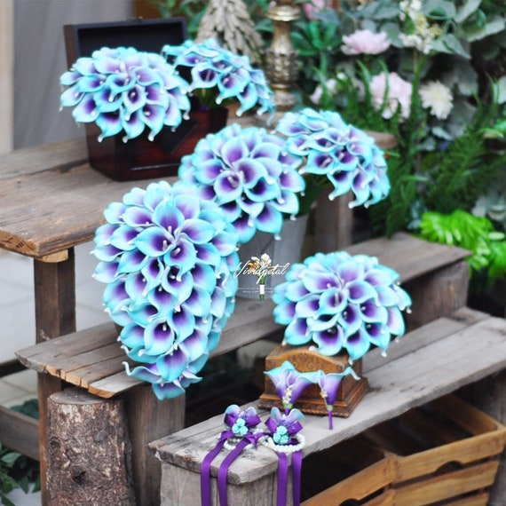 Purple Royal Blue Rose Calla Lily Bridal Wedding Bouquet Accessories 