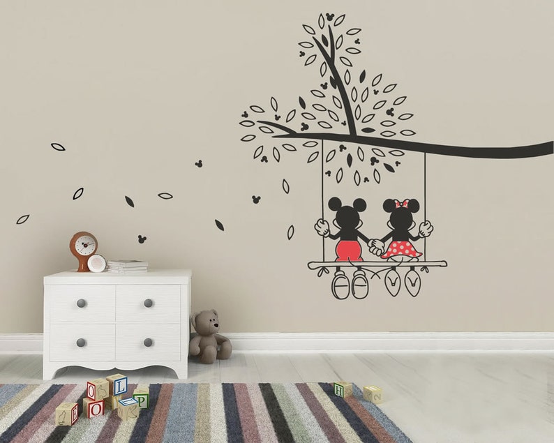 mickey mouse & minnie tree swing wall sticker wall art decal | etsy