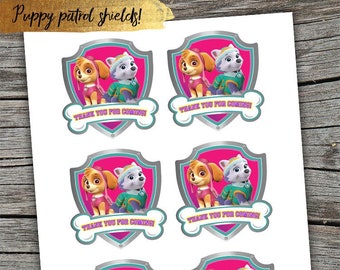 Puppy Patrol Sticker Shields / Puppy Favor Tags/ Patrol Shields / Party Template/ Puppy Patrol Thank You Tags / Thank You Stickers