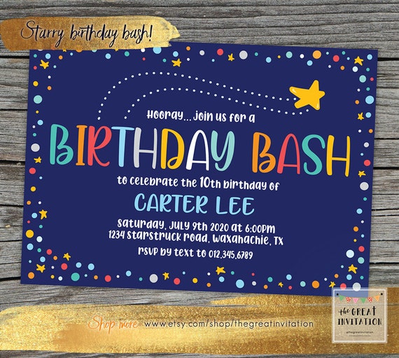 Anniversaire Bash Invite Invite Coloree Fete Danniversaire Etsy France