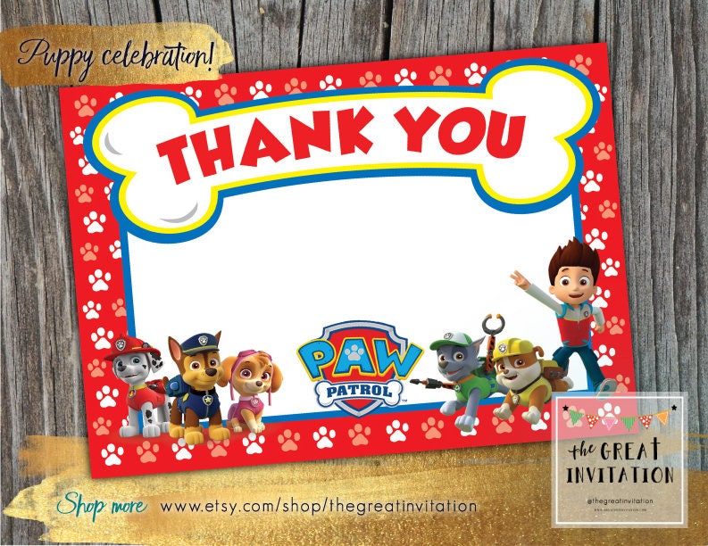 Paw Patrol Thank You Card / Paw Patrol Printable / Paw Patrol | Etsy