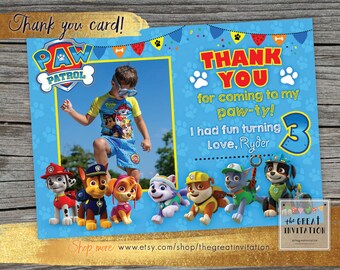 Patrol Party / Paw Printable / Patrol Thank You Card / Patrol Theme / Puppy Party Thank You Card