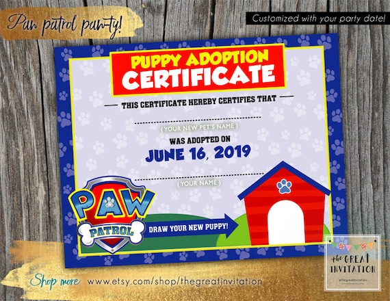 Paw Patrol Party / Puppy Adoption Certificate / Paw Patrol - Etsy