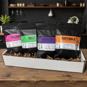Coffee Sampler Latin & South American | 4-Pack Fresh Roasted | Colombia Brazil Guatemala Honduras Specialty Coffee Valentine's Day Gift Box