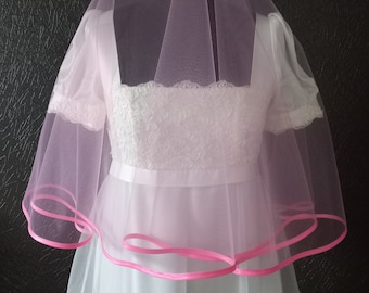 Light pink wedding veil with hot pink ribbon, one layer