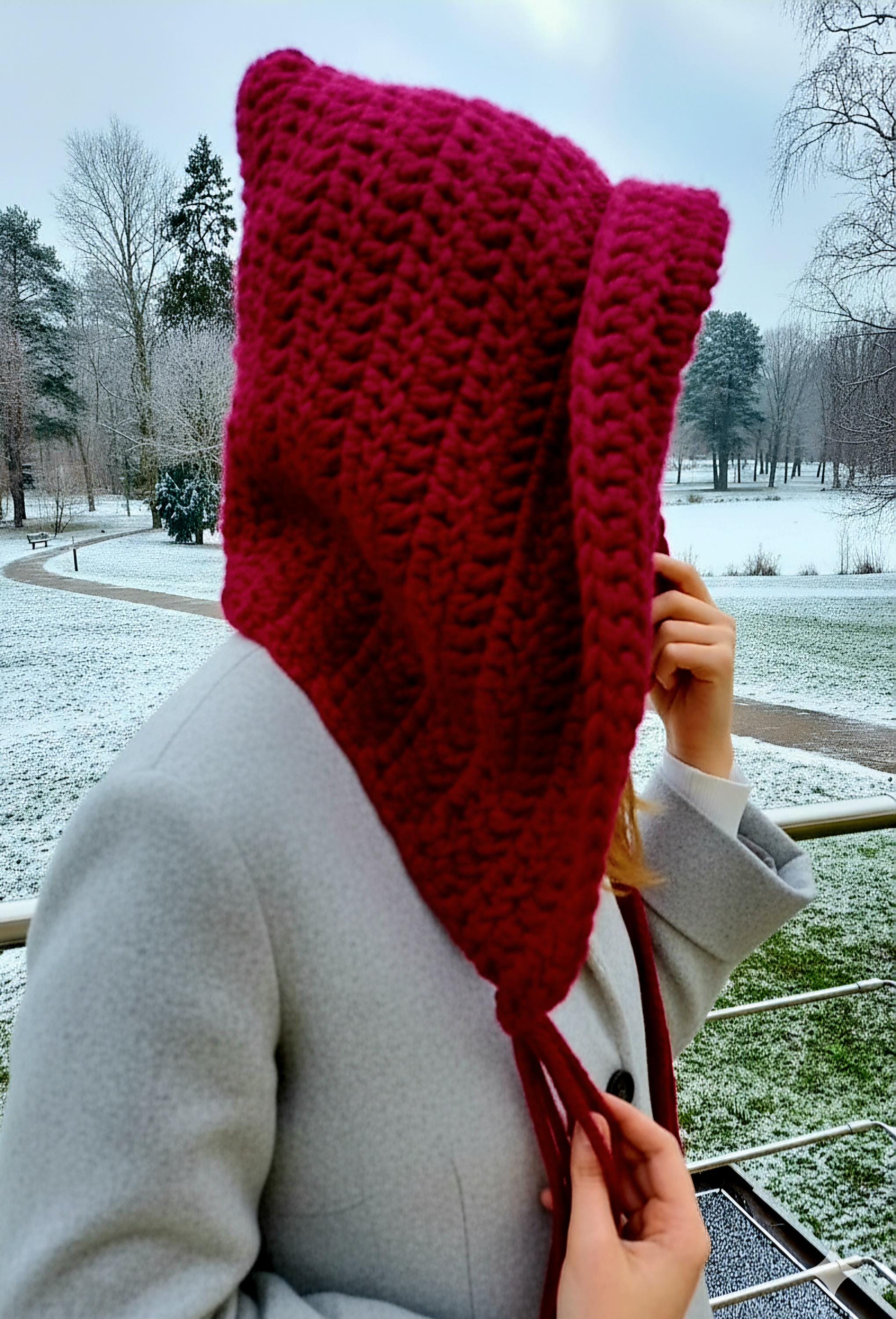 Hand-knitted Deep Red Hooded Hat With Tassels – Soft, Warm  display picture 1