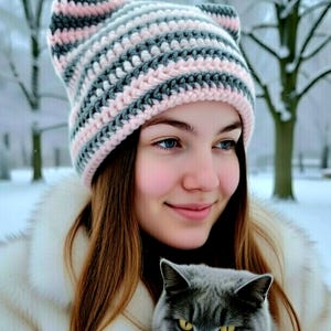 Crochet Cat Ear Beanie - Striped Gray & Pink Merino Blend, Cozy Kitty Hat with Ears, Super Soft and Warm