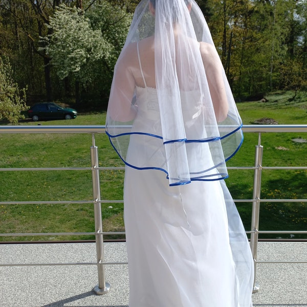 White wedding veil with royal blue edges,two layers