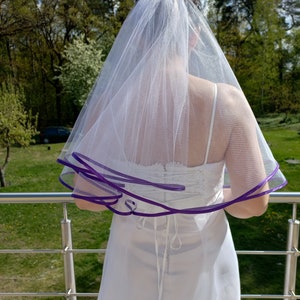 White wedding veil with violet ribbon, two layers