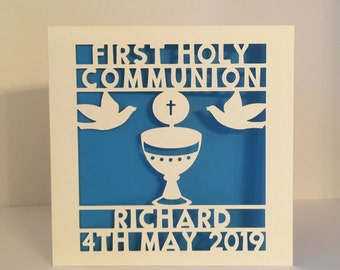Personalised 1st First Holy Communion Card Papercut Featuring Chalice & Doves