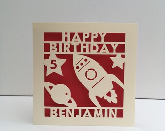Personalised Rocket Birthday Card - Papercut - For Him Her - For Son Daughter Happy Birthday 1 2 3 4 5 6 7 8 9 10