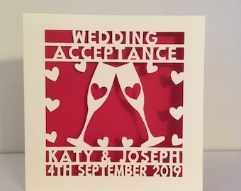 personalised Wedding Acceptance Card - Papercut - Champagne Glasses - Gay Acceptance Card - Lesbian Acceptance Card - Personalized Card