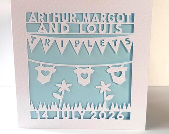 Personalised Triplets Papercut Card, New Baby Washing Line Design
