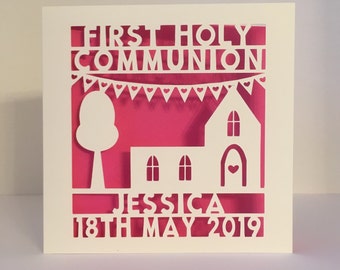 Personalised 1st First Holy Communion Papercut Card Featuring Church and Bunting