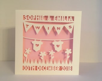 Personalised Twins Papercut Card, New Baby Washing Line Design
