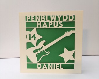 Cerdyn Gitâr Penblwydd Hapus - Welsh Guitar Birthday  Card - Personalised card - Papercut For Him Her