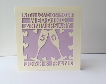 Wedding Anniversary Card - Personalised - Champagne Glasses - 10 20 30 40 25 50 60 papercut - Any Names Any Number