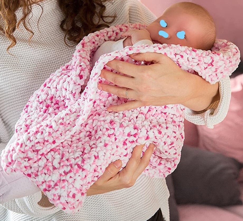Couverture Bébé en Laine 100% Polyester Oeko-Tex, Couverture Au Crochet, Rose, Blanc,