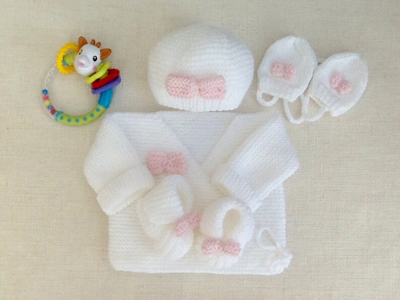 Baby bra cap slippers and mittens, white, pink knots, layette, birth gift, white layette 