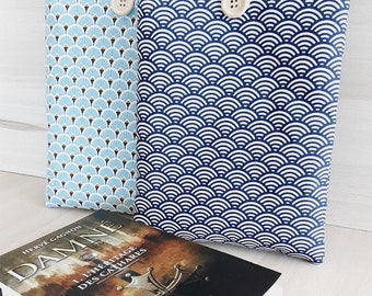 Padded fabric book cover with button closure, protective book cover with FANS AND GEOMETRIC pattern, gift idea