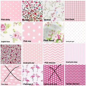 May include: A collage of 12 different pink and white patterned fabrics. The fabrics include polka dots, stars, floral prints, chevron patterns, and stripes. The fabrics are all in a pink and white color scheme.