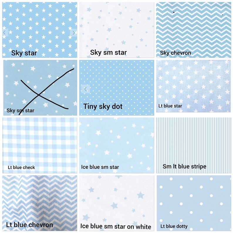 May include: A collage of 12 different fabric swatches featuring various blue and white patterns, including stars, dots, stripes, and chevrons. The swatches are labeled with names like "Sky star", "Tiny sky dot", and "Lt blue chevron".