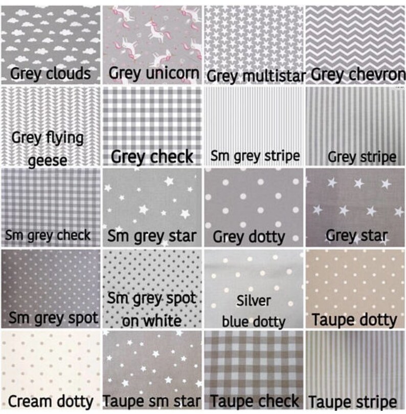 May include: A collection of 16 different fabric swatches in various shades of gray, taupe, and cream. The swatches feature a variety of patterns, including clouds, unicorns, stars, stripes, checks, dots, and chevron.