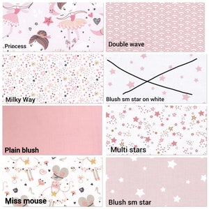 May include: A collection of ten fabric swatches with different patterns and colors. The swatches include a pink and white princess pattern, a pink and white double wave pattern, a pink and white Milky Way pattern, a white pattern with pink stars, a solid pink pattern, a white pattern with pink and gold stars, a white pattern with a mouse and stars, and a pink pattern with white stars.