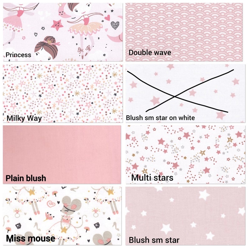 May include: A collection of ten fabric swatches with different patterns and colors. The swatches include a pink and white princess pattern, a pink and white double wave pattern, a pink and white Milky Way pattern, a white pattern with pink stars, a solid pink pattern, a white pattern with pink and gold stars, a white pattern with a mouse and stars, and a pink pattern with white stars.