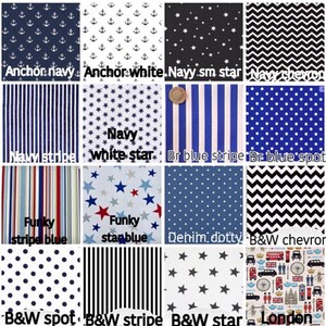 May include: A collection of fabric swatches featuring various patterns and colors, including navy blue, white, red, and black. The patterns include anchors, stars, stripes, polka dots, and chevrons. The text "Anchor navy", "Anchor white", "Navy sm star", "Navy chevron", "Navy stripe", "Navy white star", "Br blue stripe", "Br blue spot", "Funky stripe blue", "Funky star blue", "Denim dotty", "B&W chevron", "B&W spot", "B&W stripe", "B&W star", and "London" is visible on the swatches.