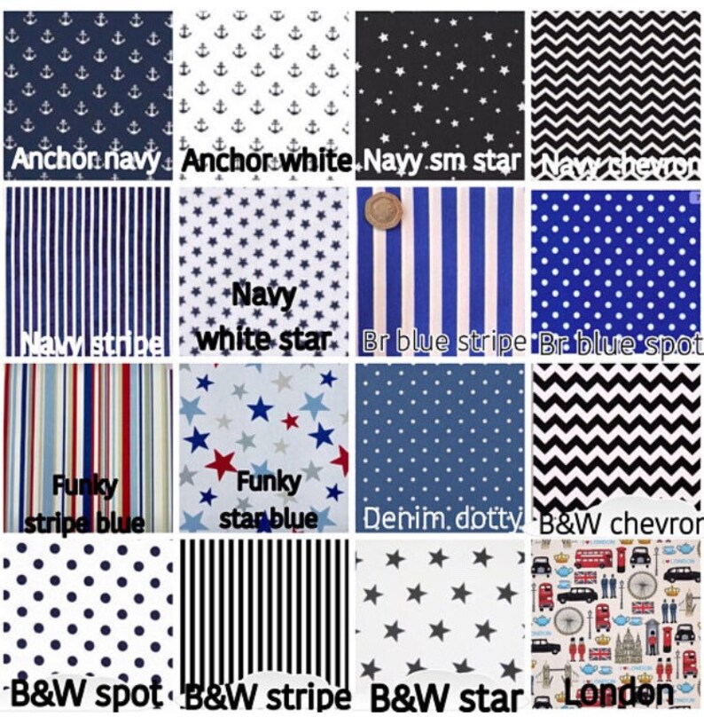 May include: A collection of fabric swatches featuring various patterns and colors, including navy blue, white, red, and black. The patterns include anchors, stars, stripes, polka dots, and chevrons. The text "Anchor navy", "Anchor white", "Navy sm star", "Navy chevron", "Navy stripe", "Navy white star", "Br blue stripe", "Br blue spot", "Funky stripe blue", "Funky star blue", "Denim dotty", "B&W chevron", "B&W spot", "B&W stripe", "B&W star", and "London" is visible on the swatches.