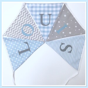 May include: A blue and gray fabric banner with the letters "LOUIS" spelled out in gray. The banner is made of different patterns, including polka dots, stripes, gingham, and stars.