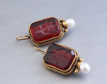 Red Intaglio Earrings, Crystal Earrings, Vintage Earrings, Antique Jewelry, Handmade Jewelry, Victorian Earrings, Boho Earrings,Gold Earring
