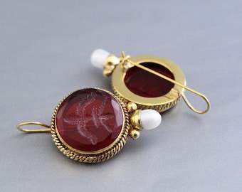 Intaglio Earrings, Red Earrings, dainty gold filled earrings, gold chunky earrings, crystal stone earrings