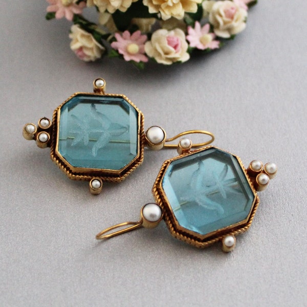 Intaglio Earrings, Blue Earrings, Vintage Victorian Jewelry, Handmade Statement, Art Deco Earrings, Dainty Gold Earrings, Bridesmaid Gifts