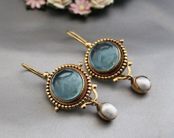 Intaglio Earrings, Blue Earrings, edwardian earrings, Victorian Earrings, antique earrings, drop earrings, Gold Earrings, statement earrings