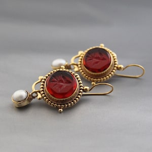 Intaglio Earrings, Red Earrings, Vintage Earrings, Victorian Earrings, Handmade earrings, Antique Jewelry, Gold Earrings, Art Deco Jewelry