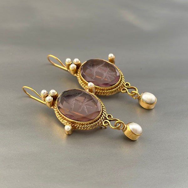 Intaglio Earrings, Purple Earrings, Dainty Gold Earrings, Handmade,  Statement,  Boho,  Gift for Mom, hippie, gypsy, boho, bohemian