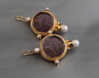 Art Deco Purple Glass Intaglio Earrings, 1920s Art Deco Style Carved Glass Pearl Drops, Gold Plated