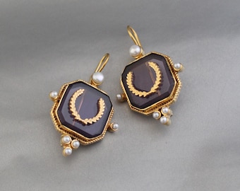 Intaglio Jewelry, Purple Earrings, Laurel Design, 1920s art deco earrings, victorian inspired earrings, antique gold earrings
