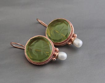 Intaglio Green Crystal Earrings, Rose Gold Fleur-de-lis, Vintage Style, gold pearl wedding earrings