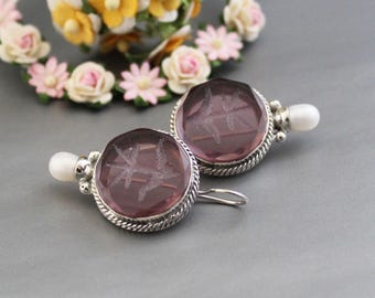 Intaglio Earrings, Purple Crystal Earrings, Fleur-de-lis Design, pearl earrings wedding gold, bridal party wedding earrings