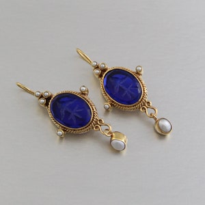 Intaglio Earrings, Indigo Blue Earrings, 18K Gold Plated Earrings, Victorian Earrings, Antique Earrings, Victorian jewelry, Gift for Mom