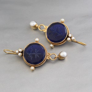 Intaglio Earrings, Blue Earring, Antique Jewelry, Victorian Jewelry, Vintage wedding Earrings, Bridesmaid Gifts, Gift for Mom, Pearl Earring