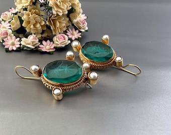 Intaglio Earrings, Green Earrings, Dainty Gold Earrings, Vintage Victorian Earrings, Wedding Earrings, Ancient Egyptian Jewelry, Gifts