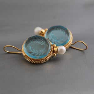 Intaglio Earrings, Blue Earrings, Laurel Wreath Design, Victorian Earrings, Intaglio Jewelry, Gold Wedding Earrings, Art Nouveau Earring