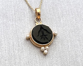 Black Glass Intaglio Necklace, Gold Victorian Style Pendant, victorian necklace, cameo necklace, Handmade Necklace,